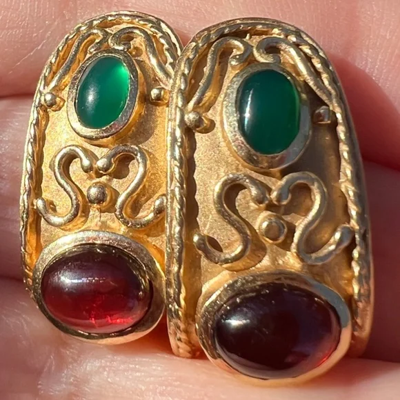 VINTAGE 14K GOLD CABOCHON GARNET GREEN CHRYSOPRASE EARRINGS STATEMENT CUSTOM - Picture 5 of 16